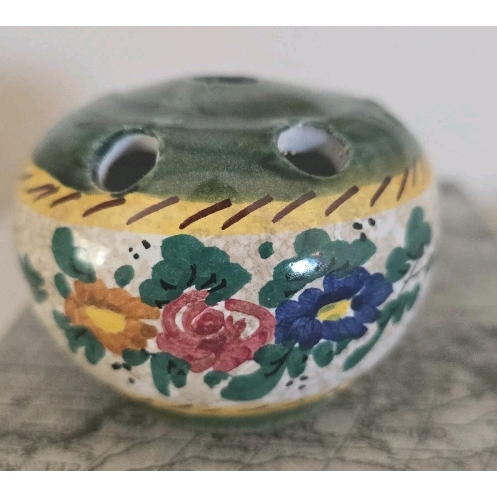 Vintage Italian Majolica Tin Glazed Flower Frog Pottery Floral Rose Design 3" #D